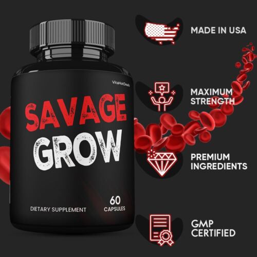 Savage Grow Capsules, Maximum Strength Supplement , Made in USA  (3 Pack)